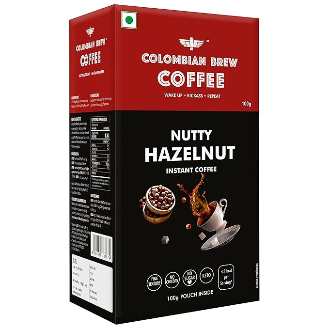 COLOMBIAN BREW COFFEE Hazelnut Instant Coffee Powder, No Sugar Vegan, 100g, Box