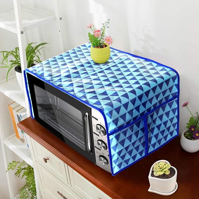PrettyKrafts Microwave Oven Top Cover, Microwave Cover with Pockets Free Size, with 4 Utility Pockets, Trio Blue