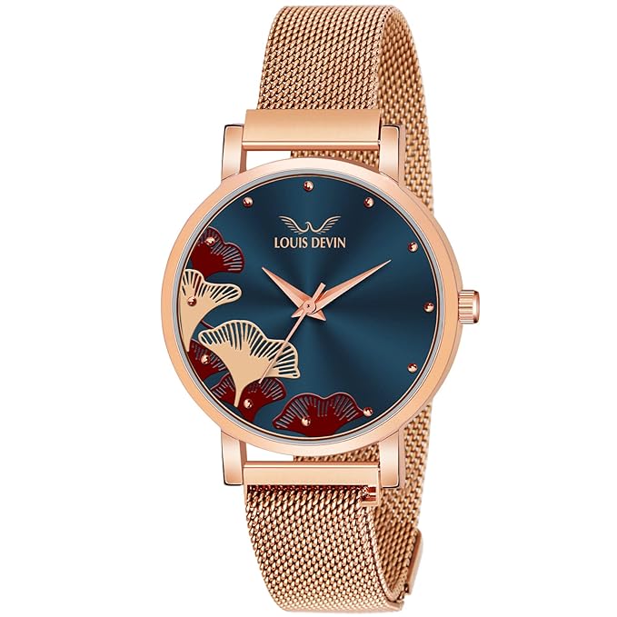 [Apply Coupon] - LOUIS DEVIN Rose Gold Plated Mesh Chain Analog Wrist Watch for Women (Black/Blue/Rose Gold Dial) | RG162