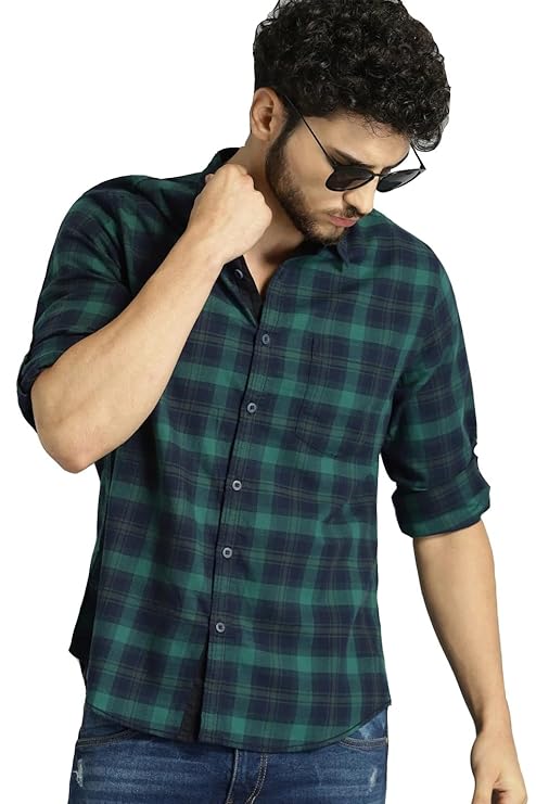 [Size: M] - IndoPrimo Men's Cotton Casual Regular Fit Green Checks Shirt for Men Full Sleeves - Harley