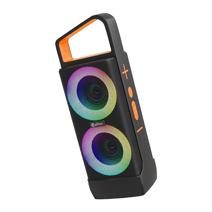 pTron Newly Launched Fusion Saga 20W Bluetooth Speaker with Punchy Stereo Sound, RGB Lights, Metal Grills, 8H Playtime, TWS Feature & Multi-Compatibility Modes-BT5.1/Aux/TF Card/USB (Black/Orange)