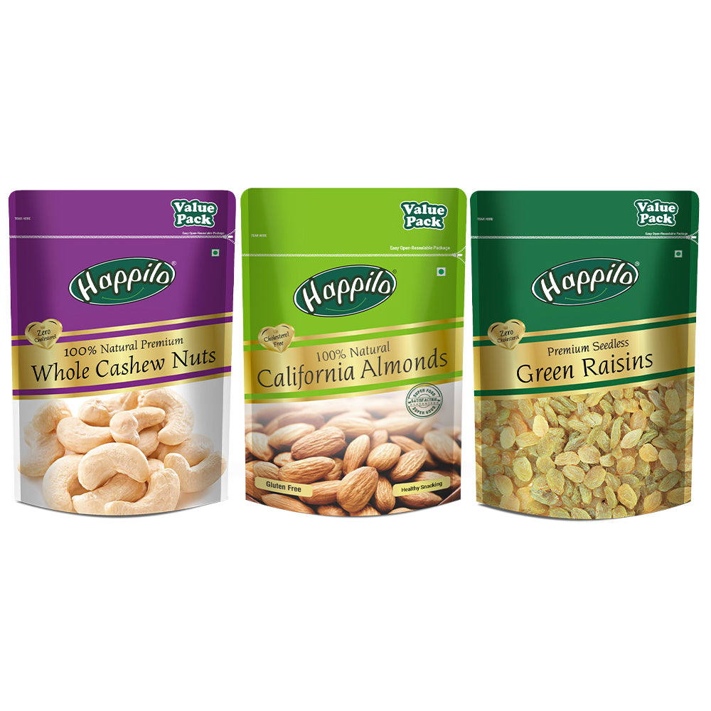Happilo Premium Nuts & Dryfruit Combo 1500g (Almond 500g, Cashews 500g & Green Raisin 500g)