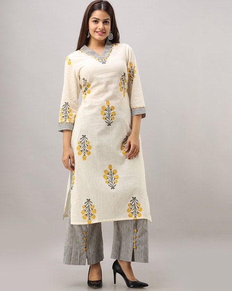 Floral Print Straight Kurta with PalazzosFABRIC FITOOR - Floral Print Straight Kurta with Palazzos