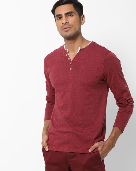DNMX - Heathered Henley T-shirt with Patch Pocket