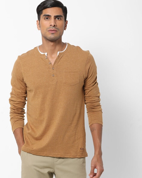 DNMX - Heathered Henley T-shirt with Patch Pocket