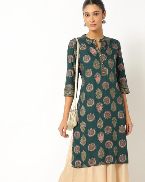 AVAASA MIX N' MATCH - Block Print Straight Kurta with Mandarin Collar