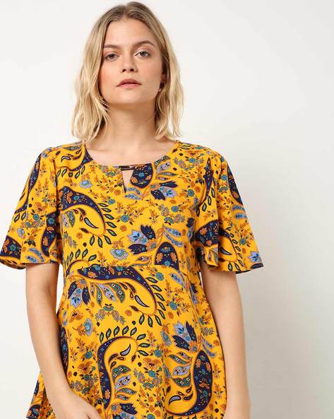 FIG - Paisley Print Round-Neck Top with Metal Trim