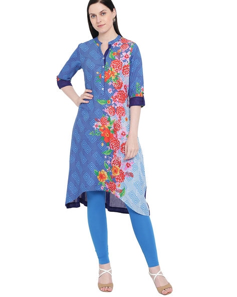 RANGRITI - Floral Print Straight Kurta with Mandarin Collar