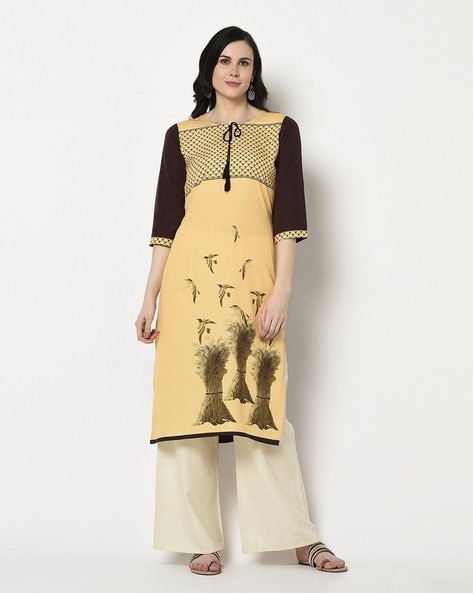 ZIYAA - Printed Straight Kurta with Neckline Tie-Up