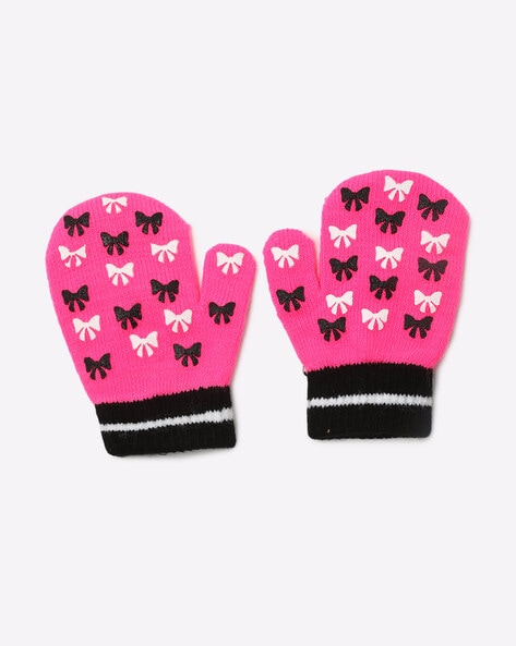 FIRST CLASS - Printed Knitted Mittens with Contrast Stripes