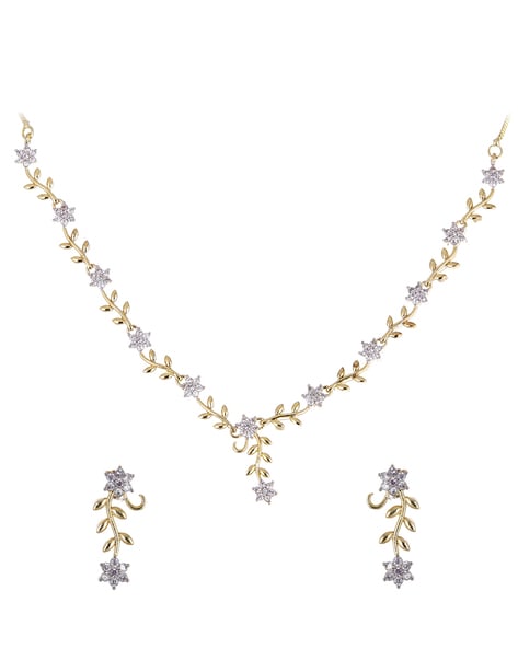 ZENEME - Diamond Leafy Design Necklace with Earrings