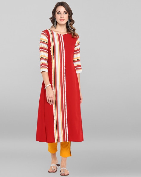 JANASYA - Striped Round-Neck A-line Kurta