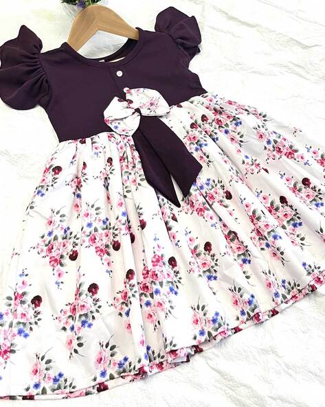 TIOR - Floral Print Fit & Flare Dress with Bow Applique