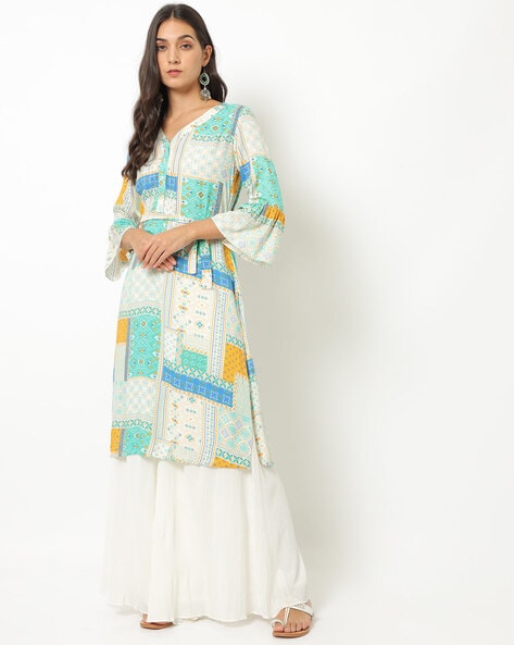 GLOBAL DESI - Geometric Print A-Line Kurta with Waist Tie-Up