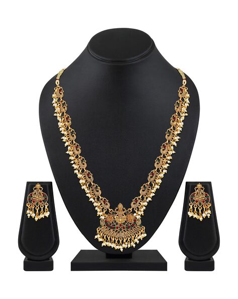 SHINING DIVA - RRSD10588S Gold Plated Temple Design Pearl Necklace & Earrings Set