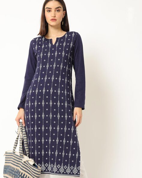 AVAASA MIX N' MATCH - Printed Slim Straight Kurta with Notched Neckline