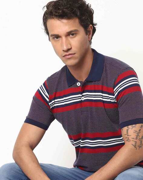 JOHN PLAYERS - Striped Polo T-shirt with Cutaway Collar