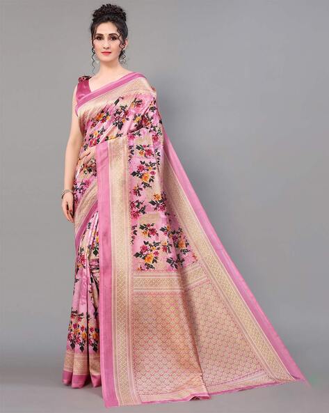 GORGONE - Floral Print Saree with Zari Border