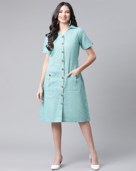 COTTINFAB - Shirt Dress with Buttoned Patch Pockets
