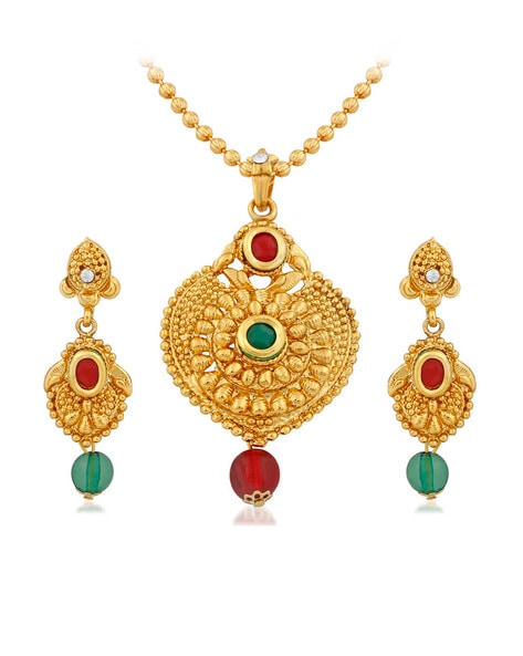 APARA - Stone-Studded Ball Chain Pendant with Earrings Set