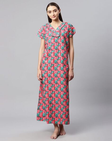 SIMRAN GOLD - Floral Print V-Neck Nightie