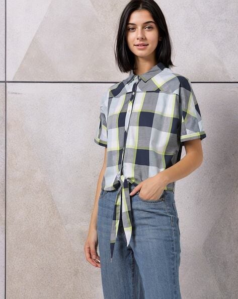 #BUDA JEANS CO - Checked Shirt with Waist Tie-Up