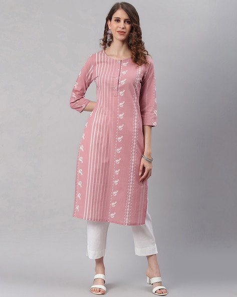 #JANASYA - Striped Print Kurta with Button Placket