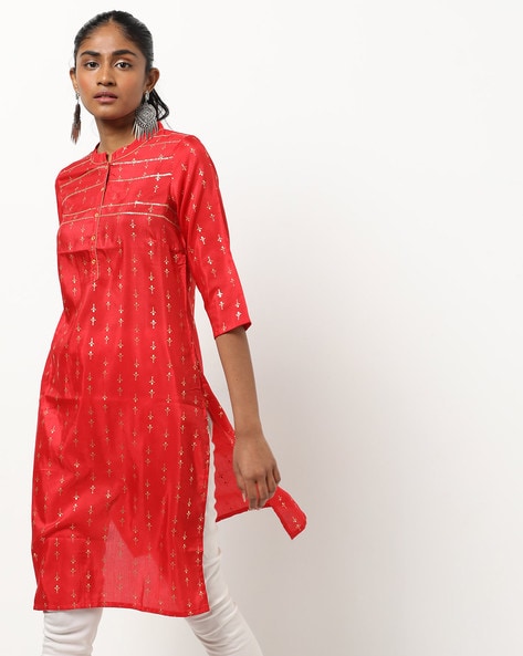 #AURELIA - Printed Button-Down Straight Kurta with Mandarin Collar