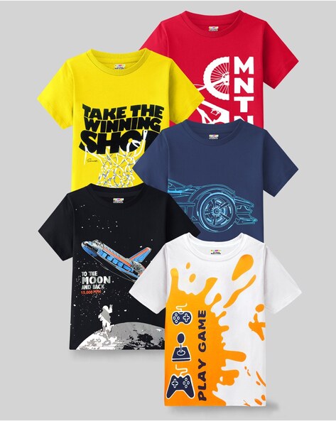 #KUCHIPOO - Boys Pack of 5 Graphic Print Relaxed Fit Round-Neck T-Shirts