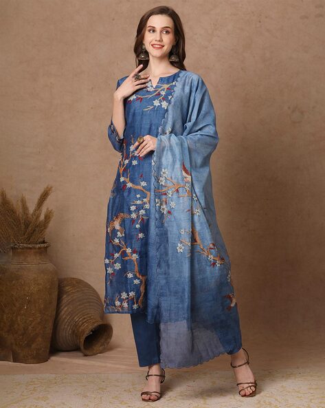 #FASHOR - Embroidered Straight Kurta With Pant Dupatta