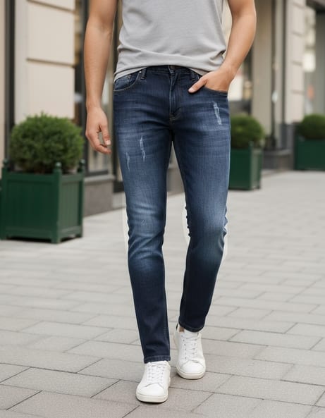 #SHEIN - Shein Men Ankle Length Low Rise Mid Wash Distressed Jeans