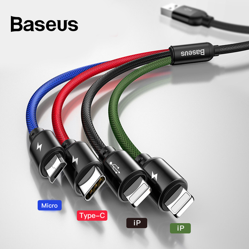 Baseus 3 in 1 USB Cable for Mobile Phone Micro USB Type C Charger Cable for iPhone Charging Cable Micro USB Charger Cord
