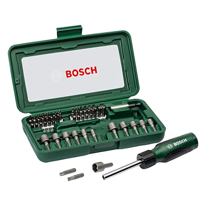BOSCH 46-Piece Screwdriver Bit Set, 46 Pieces - 32 Screwdriver Bits, Nut-setters in 12 Sizes, Magnetic Universal Holder, Rachet Screwdriver, Green, Hard Case