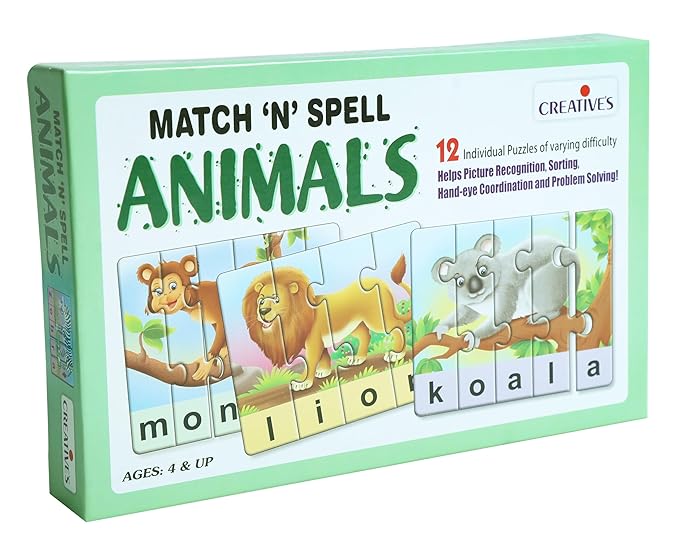 Creative Educational Aids P. Ltd. - CRE0640 Match N Spell Animals Puzzle (Multi-Color, 12 Pieces)