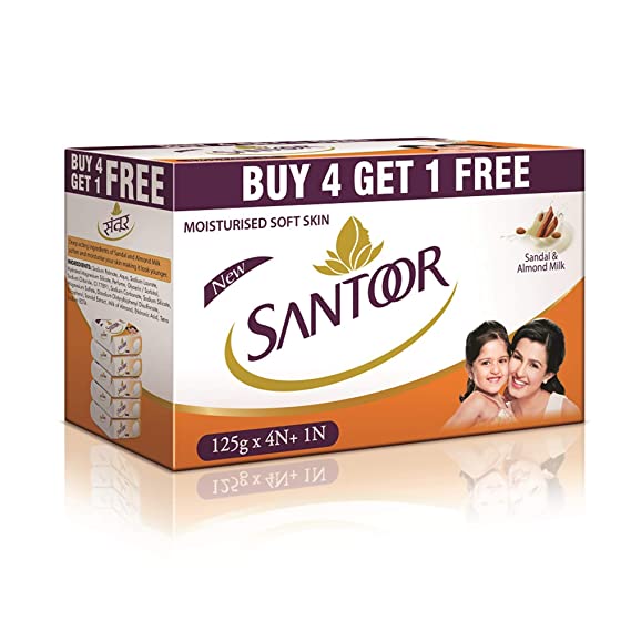 Santoor Skin Softening Sandal & Almond Milk Bathing Soap with Nourishing & Anti-Aging Properties| For Smooth & Soft and Younger-Looking Skin| For All Skin Types| 125g, Pack of 5