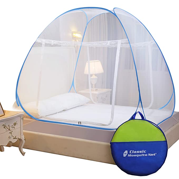Classic Mosquito Net for Double Bed | King Size Foldable Machardani | Polyester 30GSM Strong Net | PVC Coated Corrosion Resistant Steel Wire - Blue