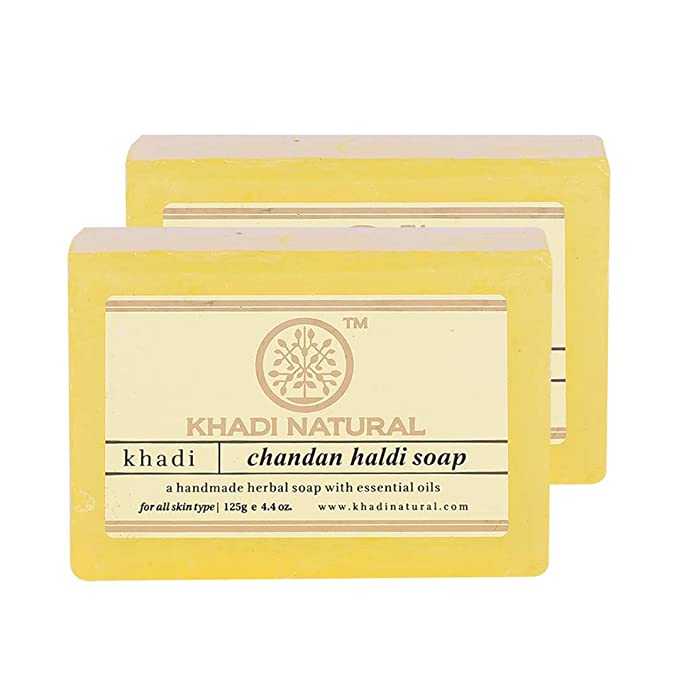 Khadi Natural Chandan Haldi Handmade Soap| Nourishing Herbal Soap with Sandalwood and Turmeric| Promotes Radiant Skin| Gentle Cleansing for All Skin Types | Pack of 2 (125 * 2, 250gm)