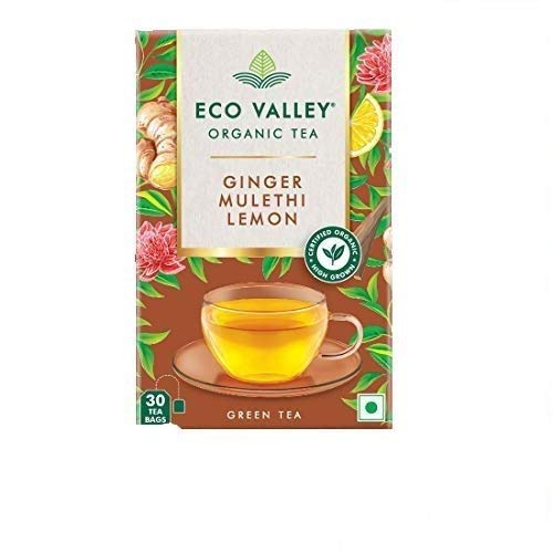 Eco Valley Organic Green Tea, Ginger, Lemon and Mulethi, 30 Tea Bags