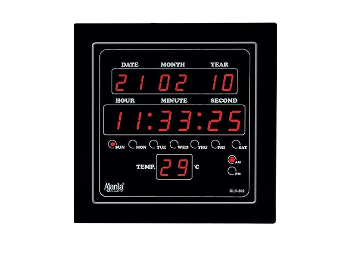 Ajanta Quartz OLC - 302 Plastic Digital Red LED Square Wall Clock (Black, 25.4 cm x 25.4 cm x 3.5 cm)
