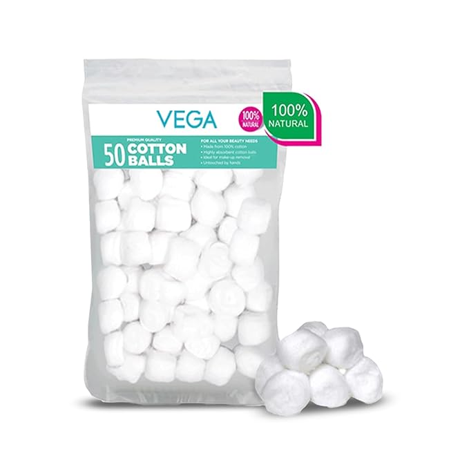 Vega Cotton Balls for Soft & Absorbent for Makeup, Nail Polish Removal, Skincare, Baby Care, First Aid, Soft Cotton Balls, 100% Pure Soft Premium Cotton Balls (50 Pcs, CB-01)