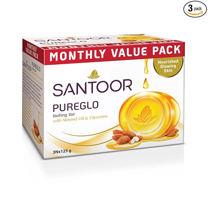 Santoor PureGlo Glycerine Soap with Almond Oil and Glycerine, 125g for Nourished Glowing Skin