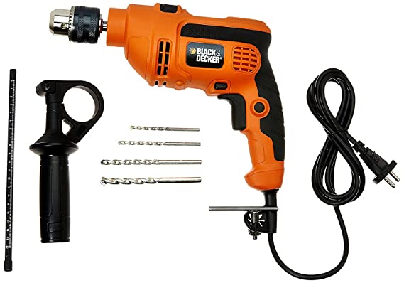 BLACK+DECKER KR554RE 550W 13mm Corded Variable Speed Reversible Hammer Drill Machine with Lock-On & 4 Drill Bits, For Home & DIY Use for Masonry, Steel & Wood, 1 Year Warranty, ORANGE & BLACK