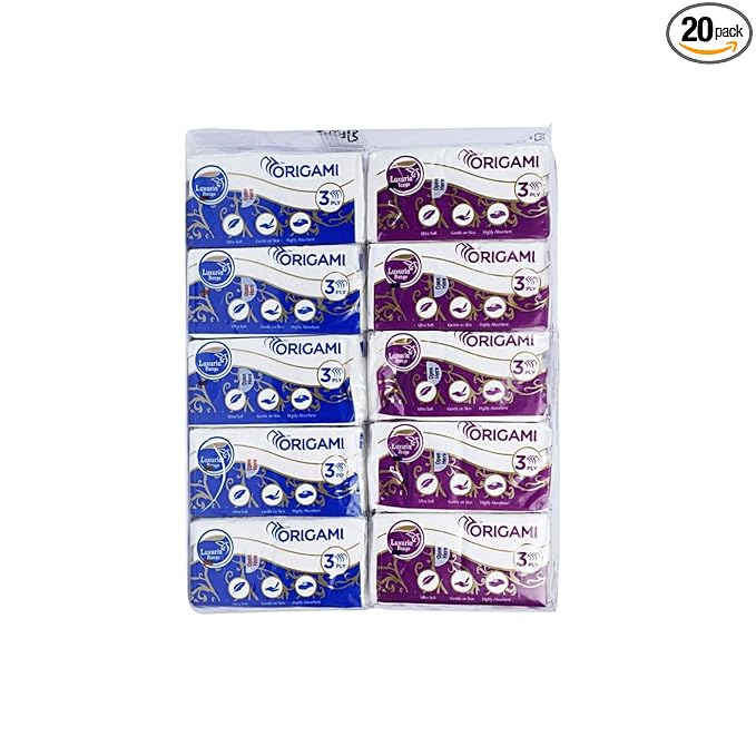 Origami 3 Ply Pocket Hanky Tissue Paper - Pack of 20 (10 Pulls Per Roll, 200 Sheets)