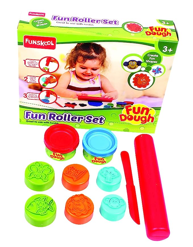 Fundough Funskool Playset Fun Roller Set, Roll The Fun Dough to Make 24 exciting Shapes and Patterns, Multicolour, Dough, Toy, Shaping, Sculpting, 3 Years