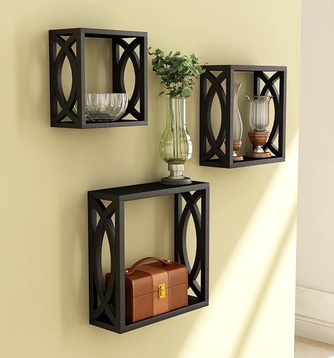 Home Sparkle MDF Wooden Wall Shelves 3 Set Decorative Wall Mounted (Black)