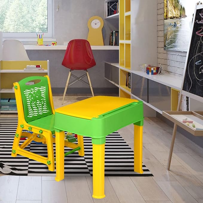 [Apply Coupon] - Nilkamal Apple Junior Study Table and Chair Set with Storage for Stationary | Laptop Desk | Dining Breakfast Table for Eating & Multipurpose | Suitable for 3 to 12 Years Age | Green/Lime Yellow
