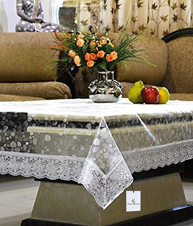 Kuber Industries Table cloth|Center Table cover|Round Table Cover|Table Cover 4 Seater|3D Coin Print with Silver Lace|(Transparent)