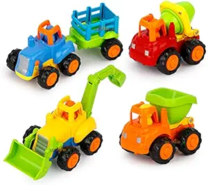Zest 4 Toyz Unbreakable Automobile Car Pack of 4 Friction Powered Cars Construction Push and Go Car Tractor Bulldozer Cement Mixer Truck Dumper for 1 2 3 Year Old Boy Girl Baby Kids