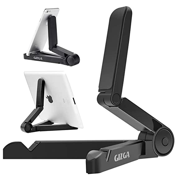 GIZGA ESSENTIALS Portable Tabletop Tablet Stand Mobile Holder, Desktop Stand, Cradle, Dock for iPad, Smartphone, Kindle, E-Reader, Fully Foldable, Adjustable Angle, Anti-Slip Pads, Black