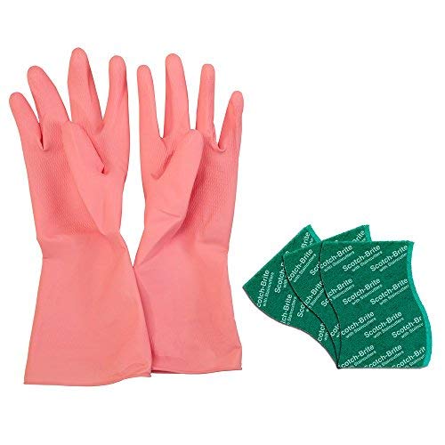 Scotch-Brite Kitchen Gloves small pair (1 unit) & Scotch-Brite Silver sparks scrub pad for dishwashing (3 units)